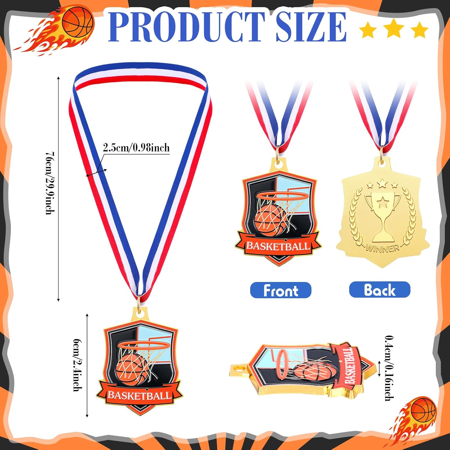 Hiboom 12 Pack Gold Award Medals with Neck Ribbons - Zinc Alloy Medals for Sports Tournaments, Competitions & Party Favors - Football Basketball Soccer Volleyball Golf Tennis Metal Trophy