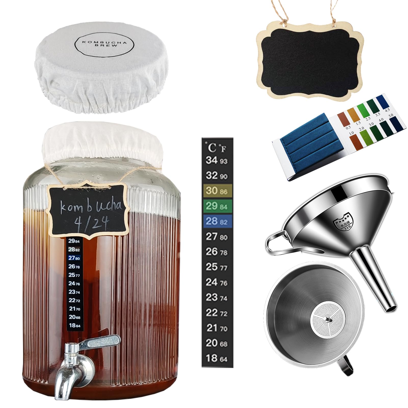 Kit de Démarrage Kombucha et Jun avec Bocal en Verre 5,5L, Robinet Inox, Accessoires de Fermentation Continue, Bandelettes pH, Thermomètre, Housse, Entonnoir et Filtres