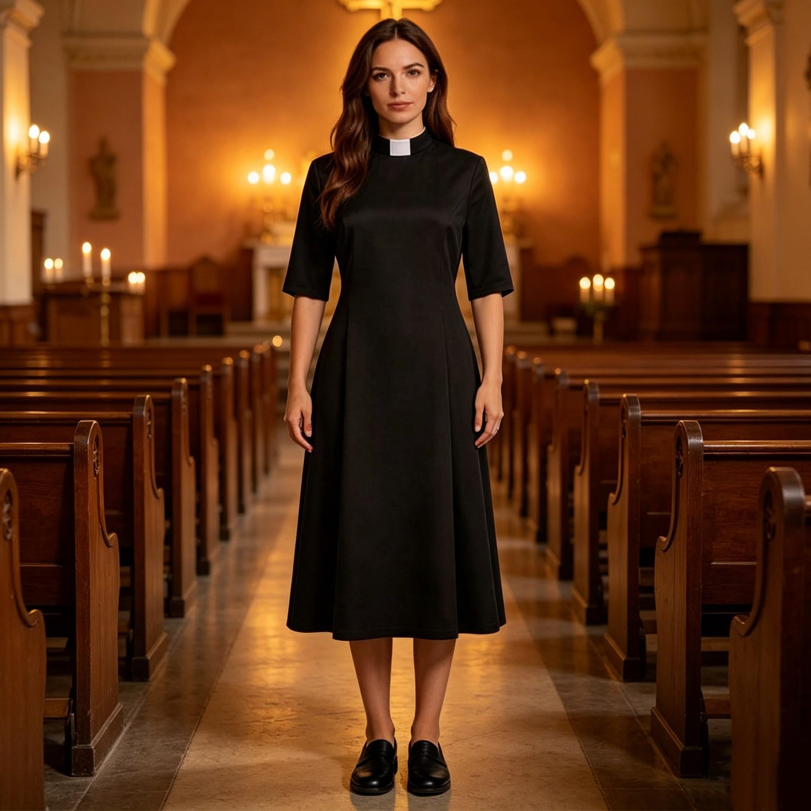 Damen Trachtenkleid Dirndlkleid Midi mit Dirndlschürze Trachtenmode Oktoberfest Outfit Priesterkostüm Halloween Kirchenkleid Gothic Cosplay Outfit Gewand Halloween Costume