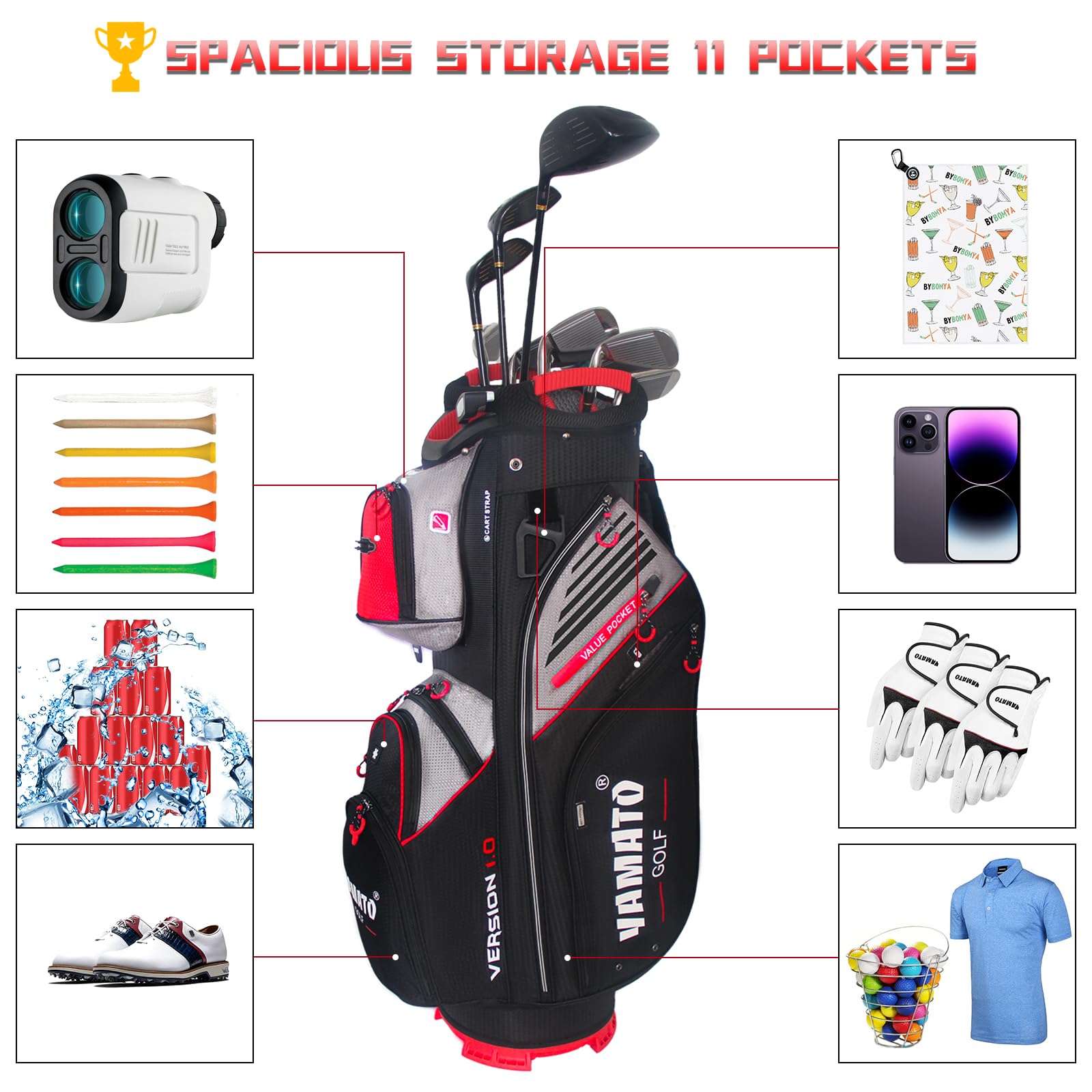 Yamato Borsa da golf cart 14 vie organizer divisorio superiore con manici borsa termica di valore e copertura antipioggia design super leggero nuova versione 1.0