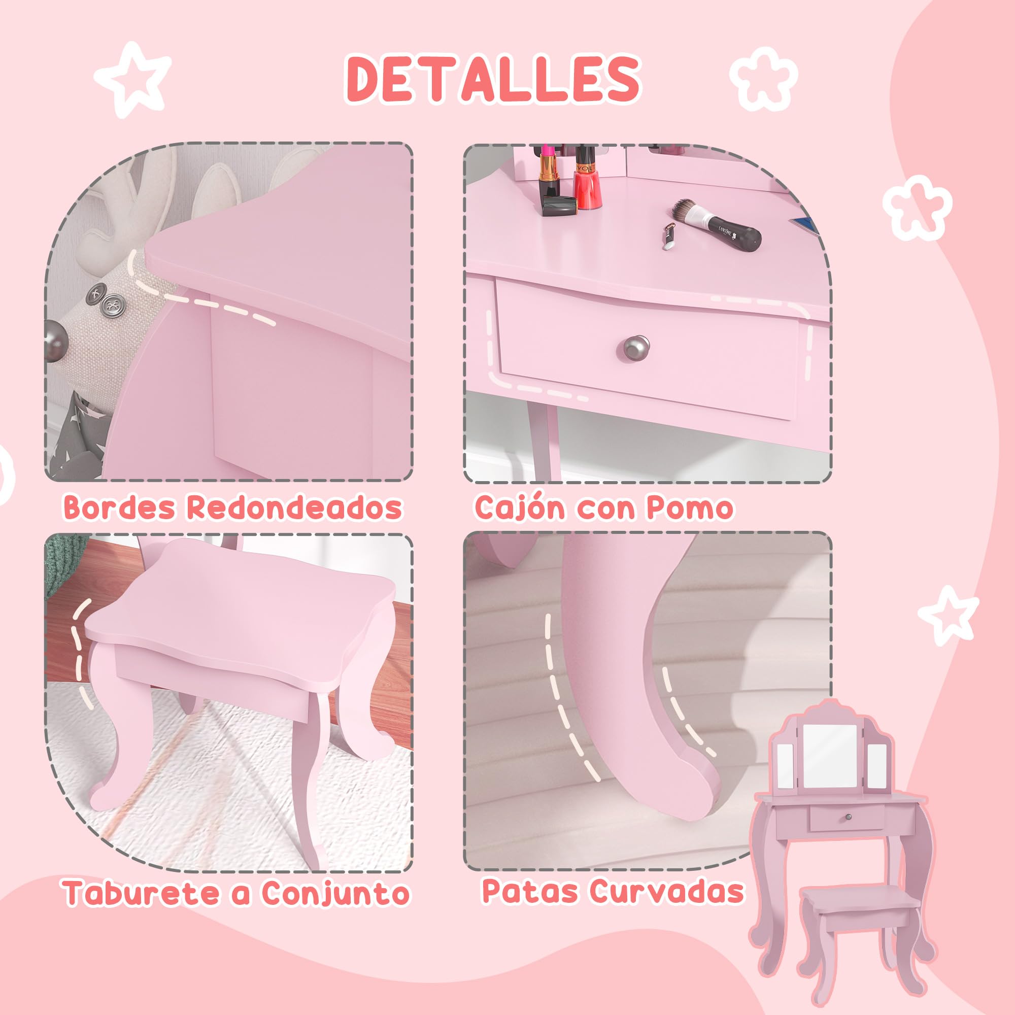 HOMCOM Tocador Infantil con Taburete y Espejo Ajustable, Tocador para Niñas con Cajón, Mesa de Maquillaje para Niños y Niñas de 3-6 Años, Rosa