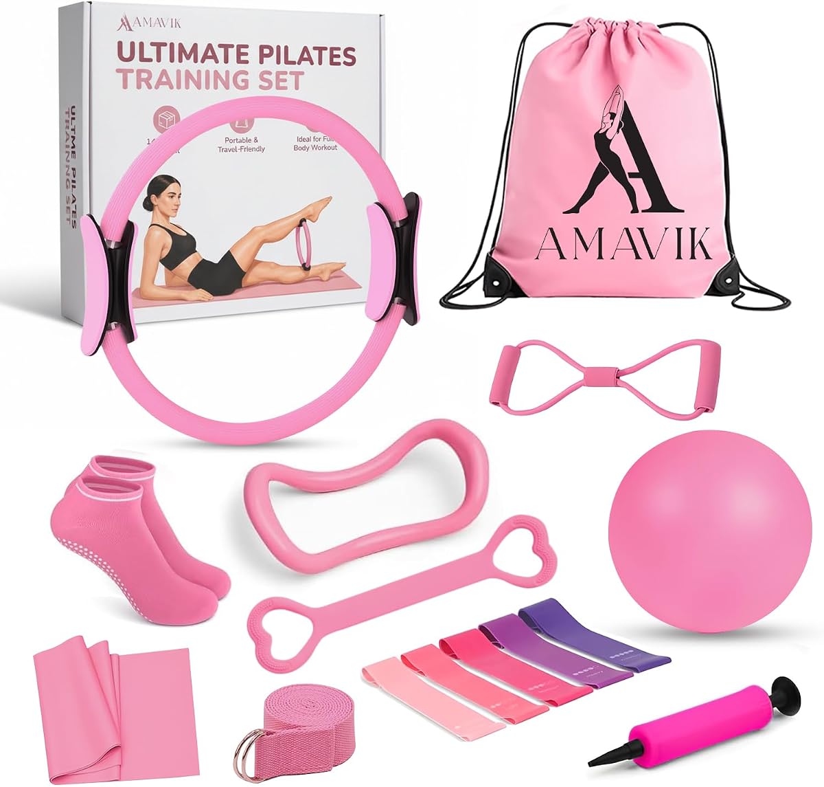 Pilates Kit 15-Pieces Home Workout Set with 5 Resistance Bands, Pilates Ring and Ball Set with Accessories-A Complete Pilates Set for Women to Improve Strength, Flexibility and Balance Body