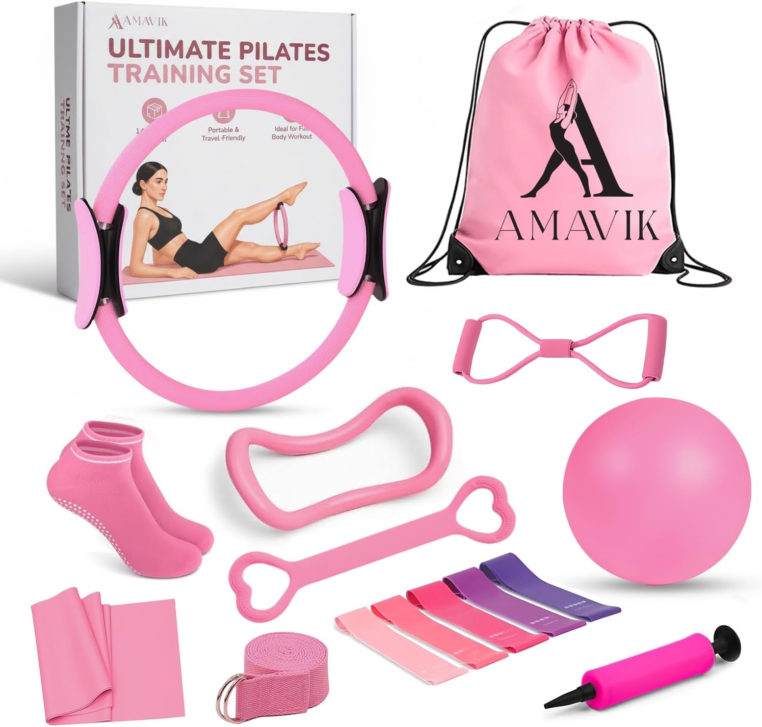 AMAVIK 15-Piece Pilates Kit with Resistance Bands, Ring, Ball, Socks & Accessories + Waist Twister Machine with Digital Counter, Anti-Slip Pedals – Full Body Home Workout for Core, Strength, Flexibili