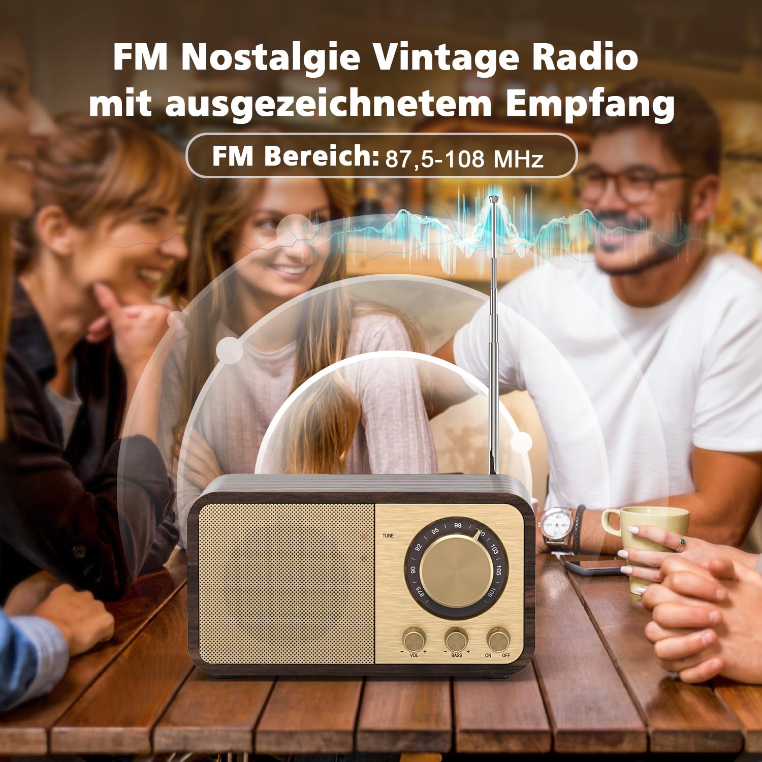 Nostalgie Radio, Retro Radios mit Bluetooth, TF Karten Slot, 2000mAH Wiederaufladbare Batterie, 5 Watt Lautsprecher, Vintage Radios mit AUX/USB, Radio für Küche/Schlafzimmer/Büro