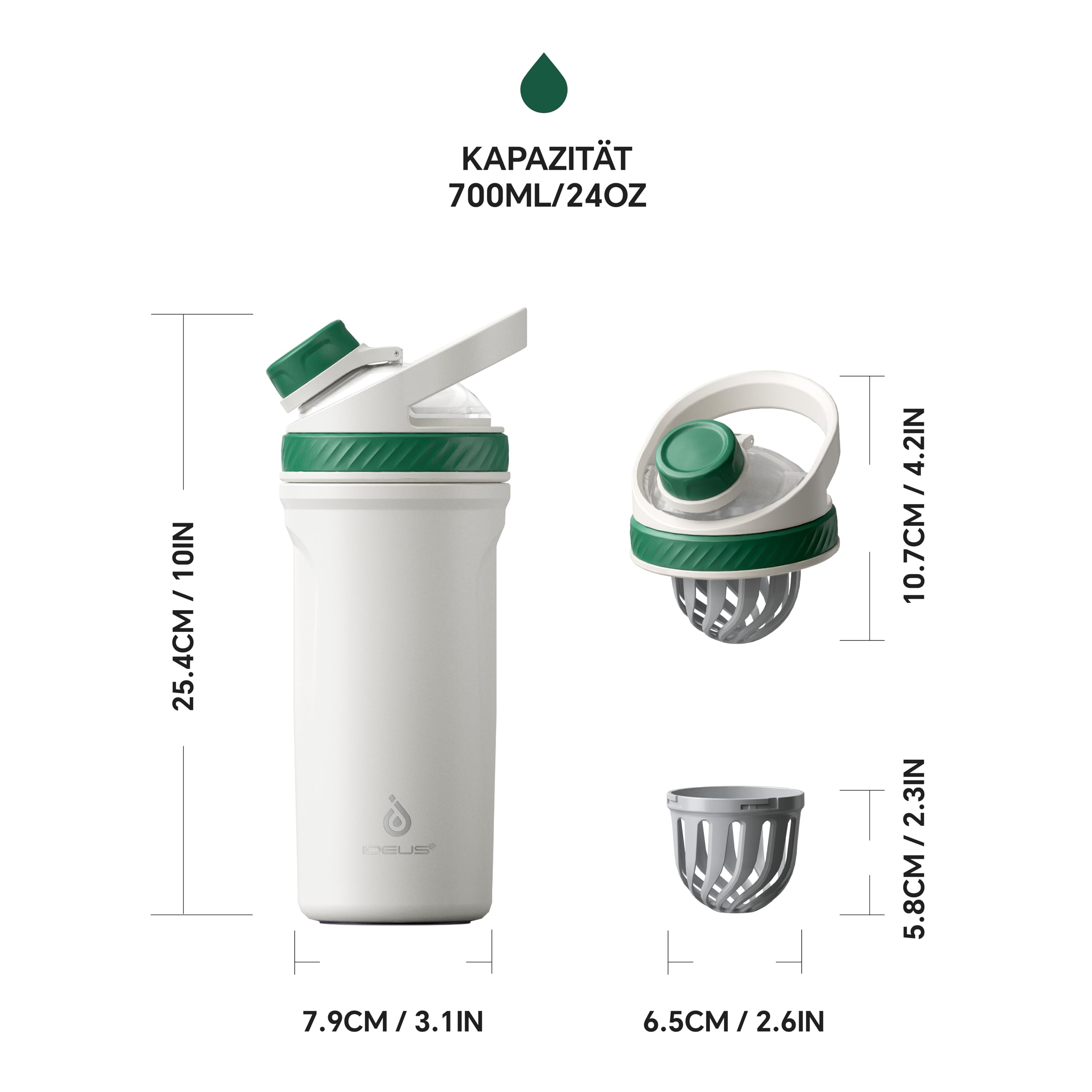 Ideus Shaker Protein Trinkflasche 700ml (24oz)，Doppelwandig Edelstahl Sportflasche mit Skalierlinien, Metall Eiweiß Flasche mit Mischkugel, BPA frei, auslaufsicher Schraubverschluss (Olivenweiß)