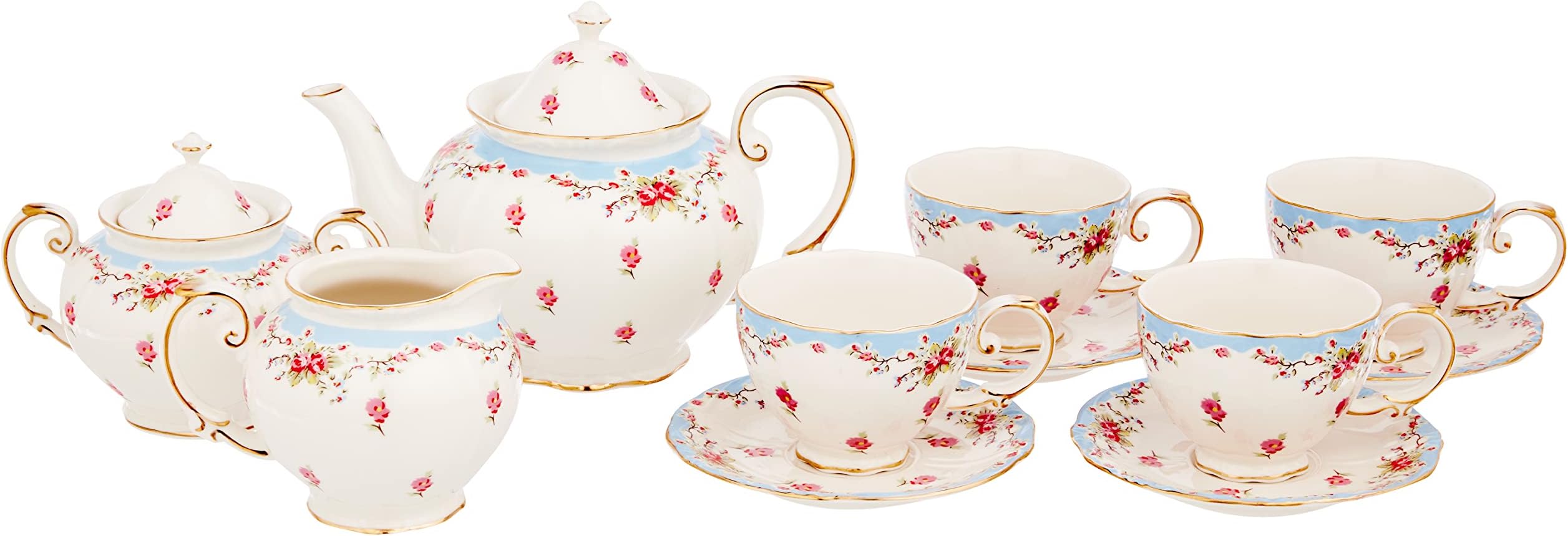 Gracie China by Coastline Imports Vintage Blue Rose Porcelain 11-Piece Tea Set, Blue