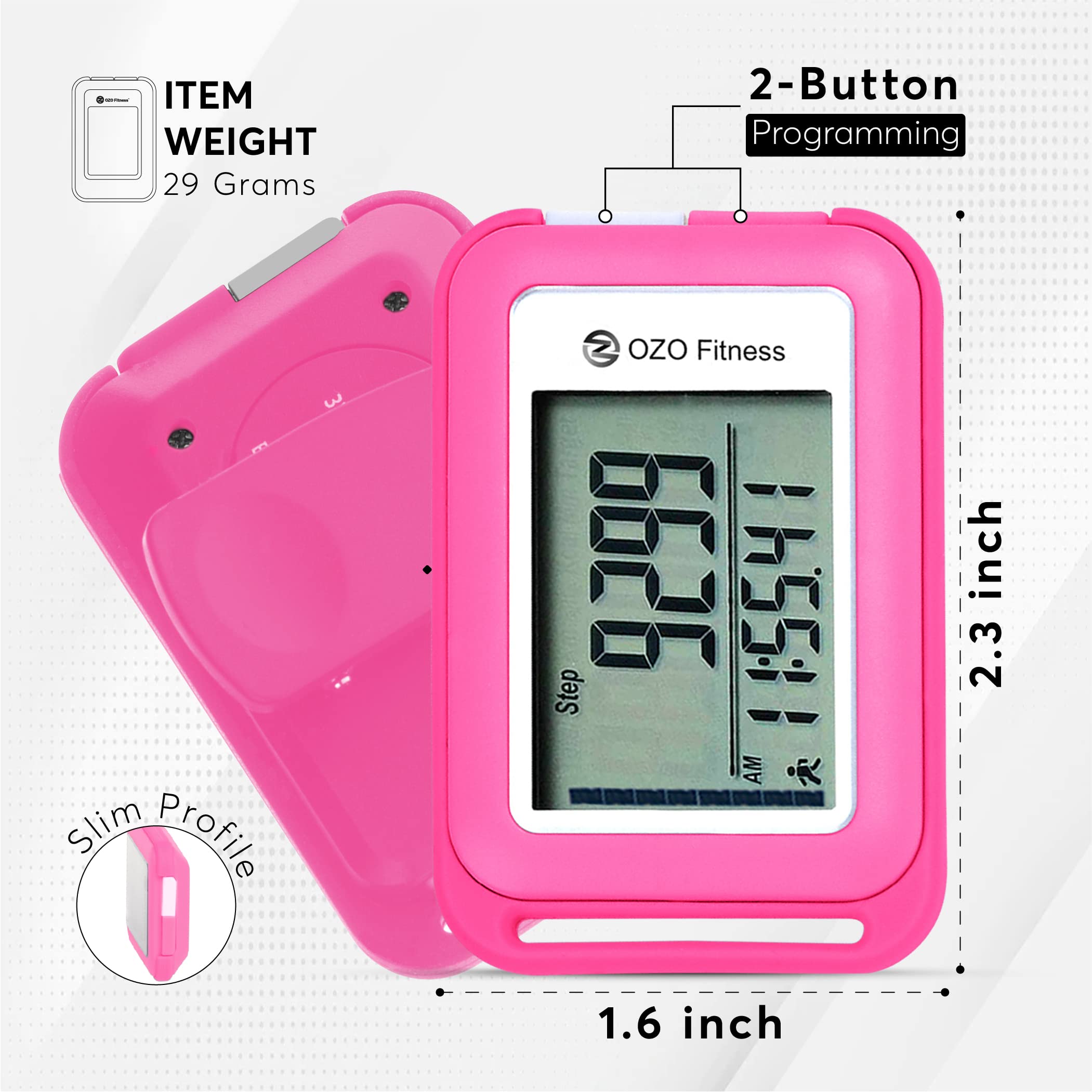 OZO Fitness SC 3D Digital Pedometer - Clip-On Step Counter For Walking, Tracks Steps, Miles, Calories & Time, With Lanyard