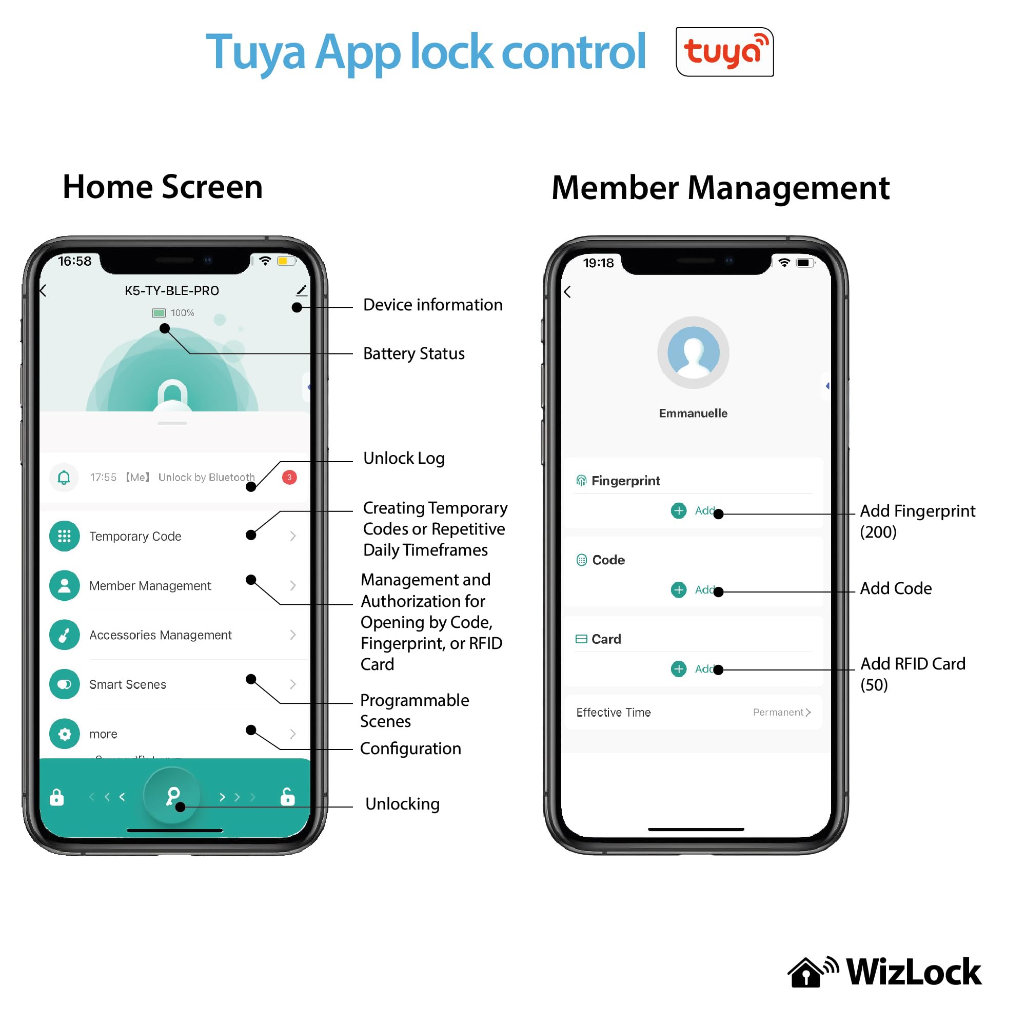 WizElek – Cilindro serratura smart Tuya Bluetooth, gateway Bluetooth/Wi-Fi incluso, lega di alluminio effetto inox argento – Accesso: codice, badge RFID (4), impronta, app, chiave (2)