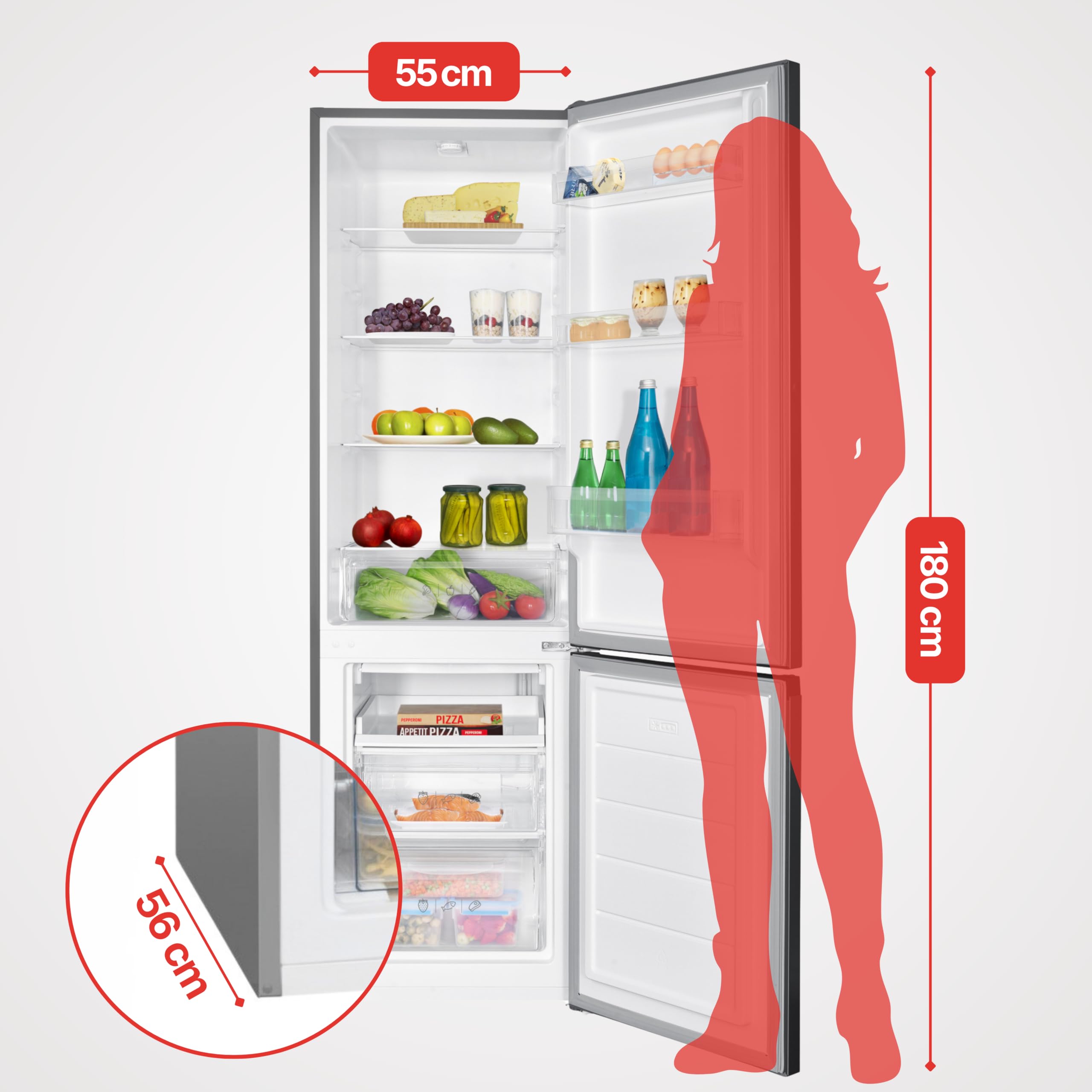 Amica Kühl‑Gefrier‑Kombination freistehend 180 x 55 x 56 cm 262 l 4-Sterne-Fach Gefrierfach unten Tür-Offen-Alarm LED‑Innenbeleuchtung AKG 3880 E – Kühl Gefrierkombination Edelstahloptik
