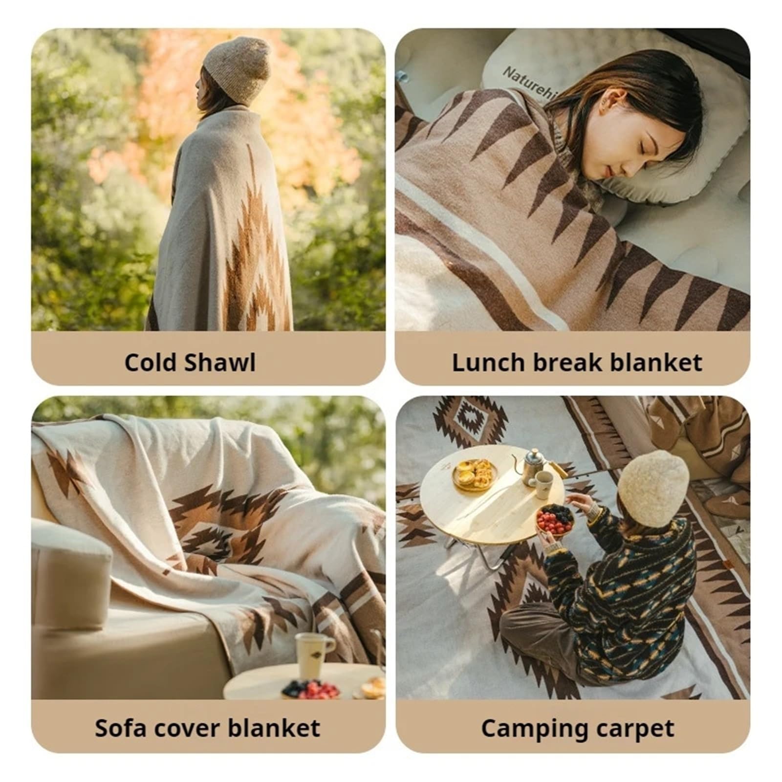 Manta de Picnic, Chal multifunción for Exteriores, Tienda campaña, Alfombra, Poncho Suave, Grueso, cálido, portátil, 200 x 150 cm(Light Khaki)