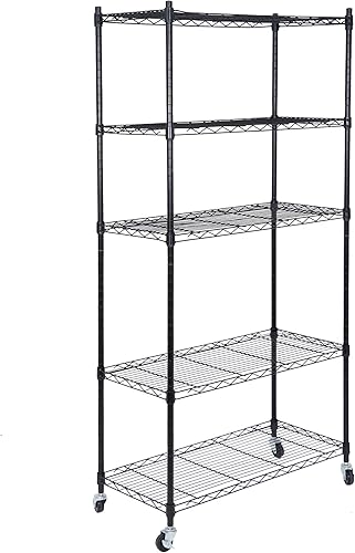 ZENY Estantería resistente de 5 estantes con ruedas, organizador de metal para cocina, oficina, garaje, color negro
