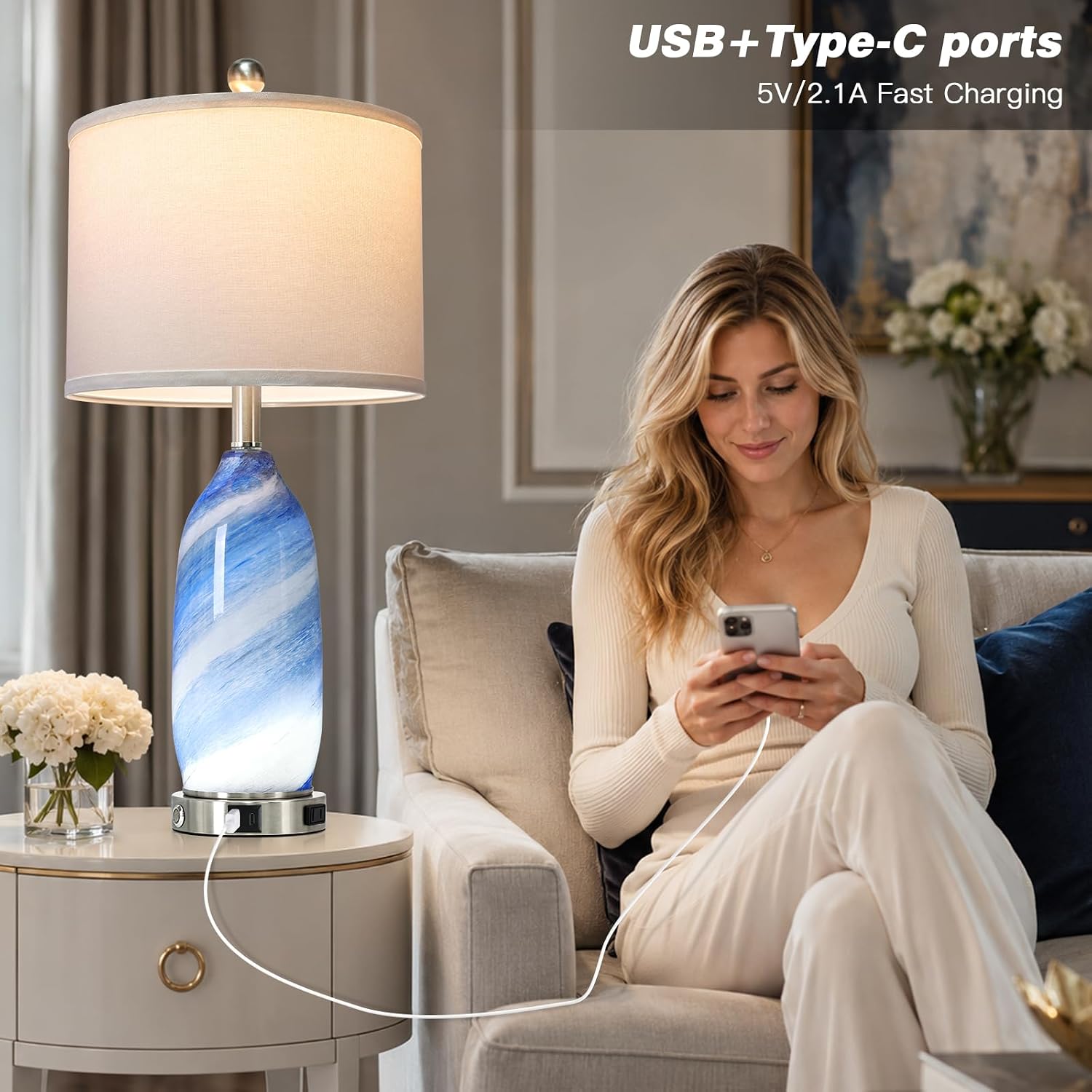 Rinweey 26" Grey-Blue Glass Table Lamps Set of 2,Coastal Lamps Nautical lamp with USB A+C Ports & AC Outlet,Bedside Lamps with 3-Way Dimmable-Night Light for Bedroom Living Room,Grey-Blue image 3