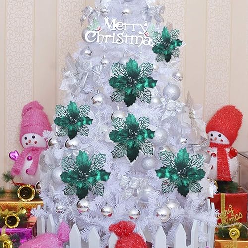 Miniatura 4 de GL-Turelifes 12 flores de Navidad con purpurina de 6.3 pulgadas de color verde negruzco, flor de pascua, flores artificiales para árbol de Navidad,