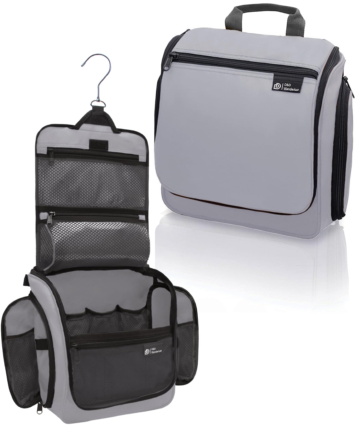 D&D Kulturbeutel zum Aufhängen für Damen und Herren - Kosmetik-, Make-up- und Toilettenartikel-Organizer-Set mit 10 Fächern, Reißverschlüssen, XXL-Metall-Drehhaken, wasserabweisendes Nylon