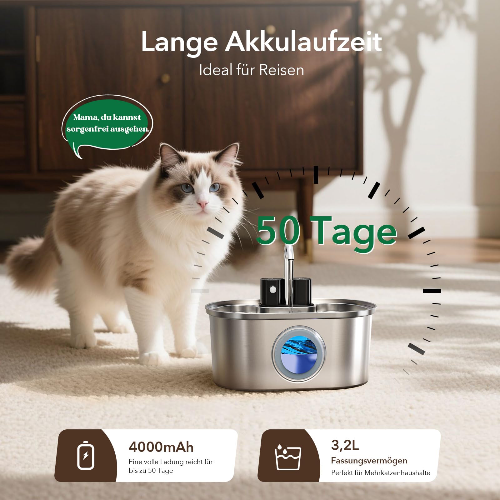 Fontana per gatti senza fili in acciaio inossidabile: fontana a batteria per interni, distributore automatico di acqua con sensore di movimento, pompa ultra silenziosa, Inclusi 3 Filtri di Ricambio