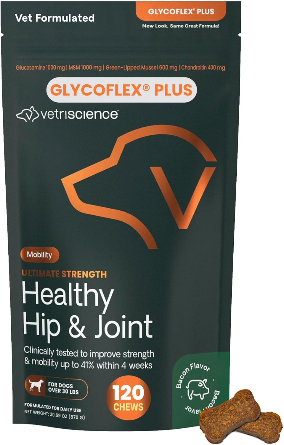 VetriScience GlycoFlex Ultimate Strength Healthy Hip & Joint Glucosamine Supplements for Dogs, with MSM, Chondroitin & Green-Lipped Mussel, Soft Chews, Bacon, 120 Count - New Look