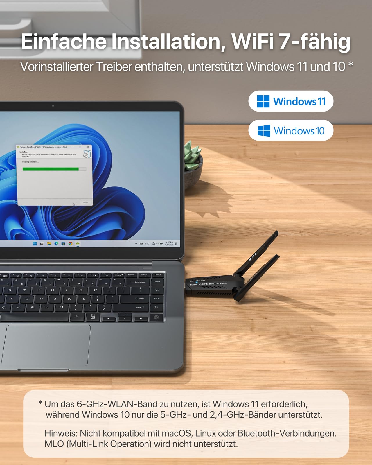 BrosTrend WiFi 7 BE6500 USB WLAN Stick für Windows 11/10 Hohe Reichweite | Tri-Band 6GHz / 5GHz / 2,4GHz WLAN USB Adapter für PC, Geringe Latenz für Gaming, 4K-QAM, WPA3, OFDMA, Integrierter Treiber