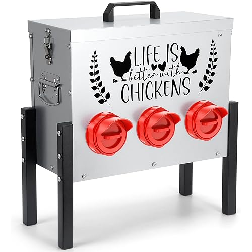 TGEYD 30 lb Chicken Feeder with 6 No-Waste Ports – Heavy-Duty Outdoor Metal Feeder with Adjustable Height, Locking Lid & Riveted Handles – Rustproof Feed Box for Poultry & Backyard Chickens
