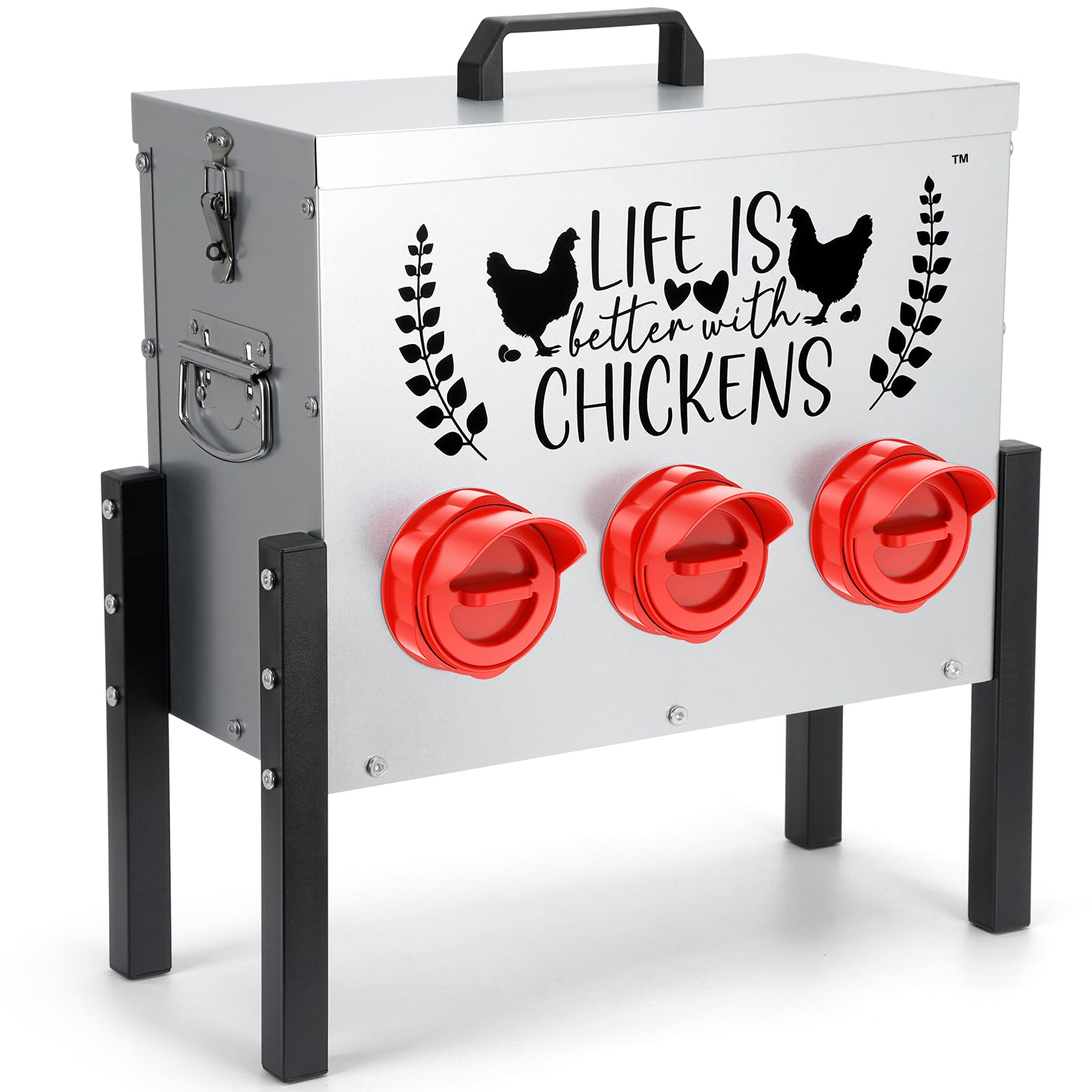 TGEYD 30 lb Chicken Feeder with 6 No-Waste Ports – Heavy-Duty Outdoor Metal Feeder with Adjustable Height, Locking Lid & Riveted Handles – Rustproof
