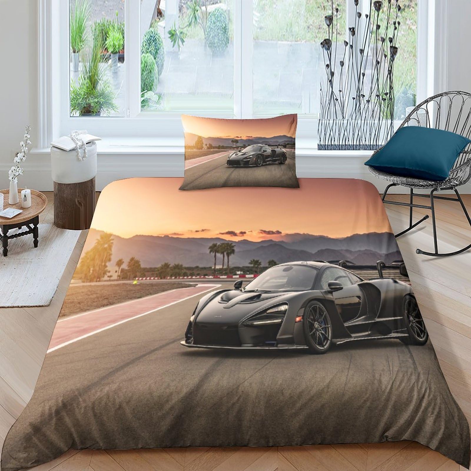 BARDYS Super Car Hot Choice for Boys，girls Bedding Set with Zipper Closure 3D Printed Comforter Cover Sports Car Duvet Cover Set Soft Microfiber Quilt Cover with Pillowcaser Single（135x200cm）