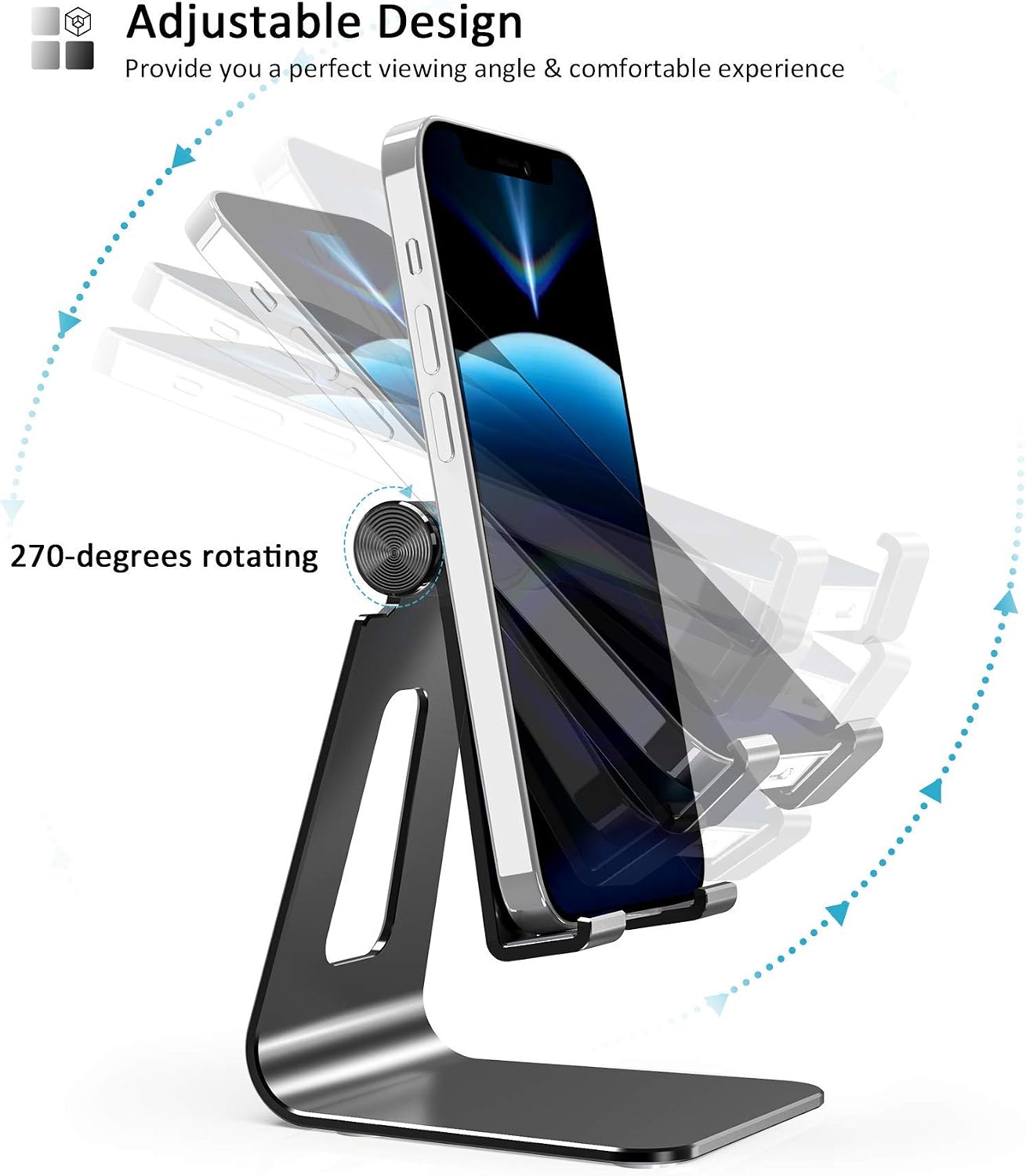 MROCO Phone Stand, Adjustable Phone Holder Compatible with All Smartphone Mobile Phone, Aluminium Cell Phone Stand with Non Slip Pad for Desk, Home Office Phone Accessories, Portable, Black