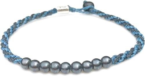Surfer Anklet Bracelet Woven Sailor Rope with Beaded Hematite Stones for Men and Women in Navy and Blue Handmade Knot Braided Beach Jewelry by Rumi