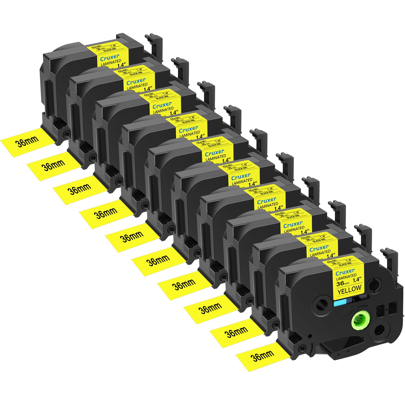 Cruxer 10er-Pack Kompatibel mit P-touch TZe-661 TZe661 36 mm Laminiertes Etikettenband, Schwarz auf Gelb, Ersatz für Ptouch PT-530 550 3600 9200pc 9200dx 9400 9500pc 9600 9700PC Etikettendrucker