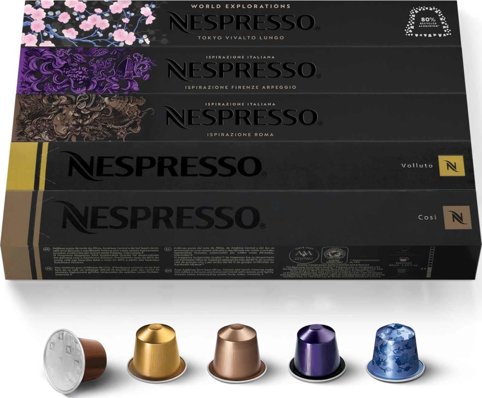 Nespresso Original, Variety Pack, Mild, Medium, 50-Count Espresso Pods | Capsules Dark Roast Coffee Pack of 1 Brews 1.35 oz