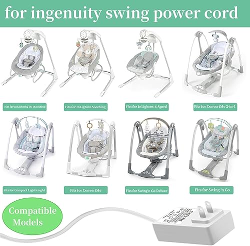 Miniatura 5 de Ingenuity - Adaptador de cable de alimentación para columpio de bebé Ingenuity, enchufe USB A y CC compatible con InLighten, Simple Comfort y