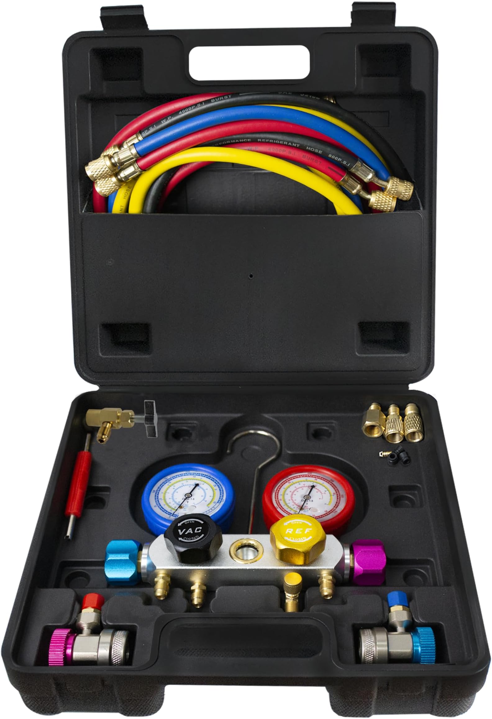 BACOENG Pro 4 Way AC Diagnostic Manifold Gauge Complete Set for R134A R410A R22, with 5FT Hose, 3 Acme Tank Adapters, Adjustable Quick Couplers and Universal Can Tap