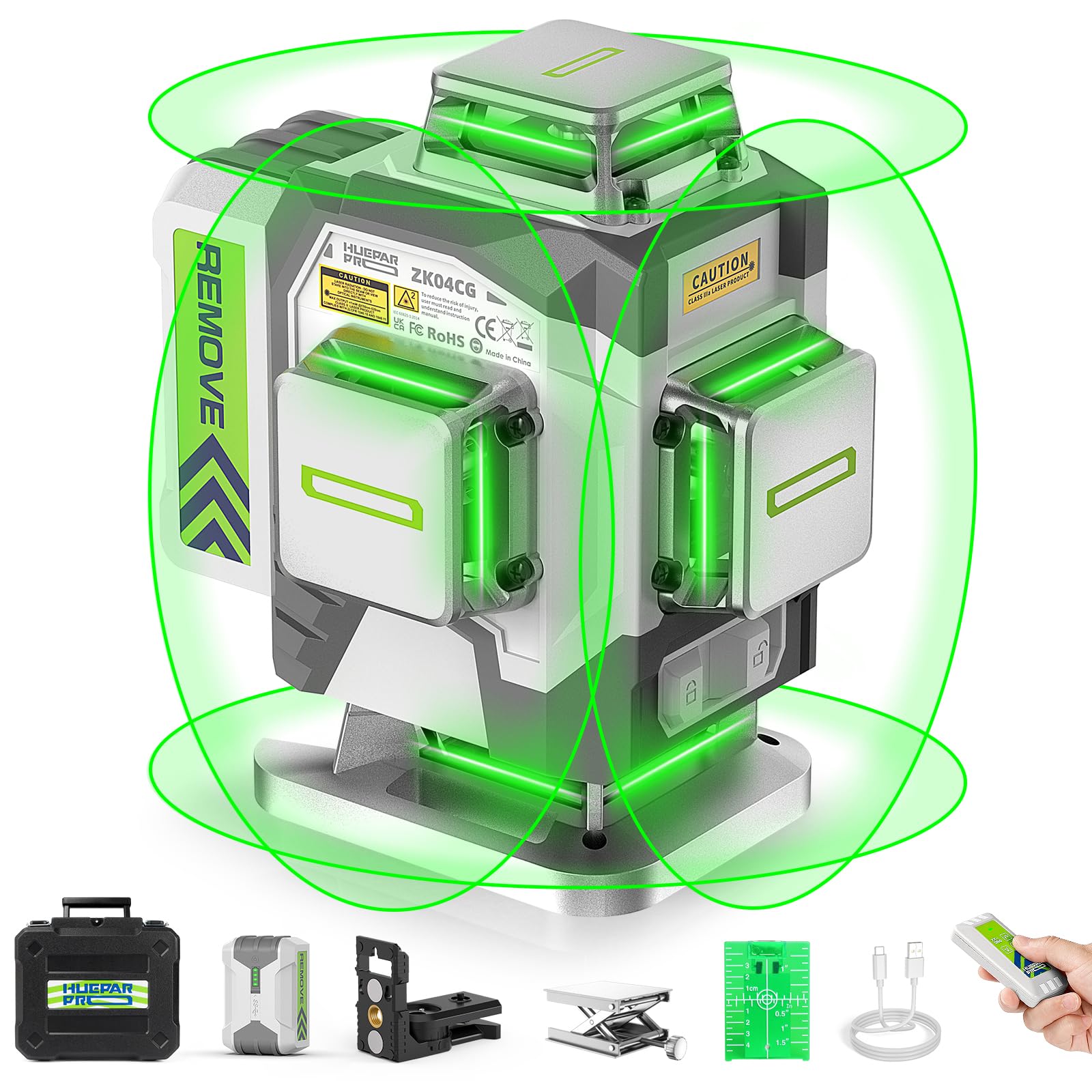 Huepar Pro Laser Level, Self Leveling 4 x 360° Green Cross Line Laser Level Tool, High Accuracy 4D Level Laser for Construction, 8000mAh Rechargeable
