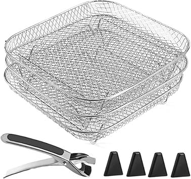 3-Layer Stackable Air Fryer Rack Set, Air Fryer Baskets Accessories Stainless Steel Drying and Cooking Racks with Silicone Feet and Anti-Scald Clip, Compatible with 5L-7.5L Air Fryers, Ovens
