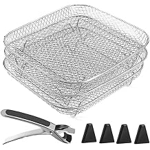 3-Layer Stackable Air Fryer Rack Set, Air Fryer Baskets Accessories Stainless Steel Drying and Cooking Racks with Silicone Feet and Anti-Scald Clip, Compatible with 5L-7.5L Air Fryers, Ovens