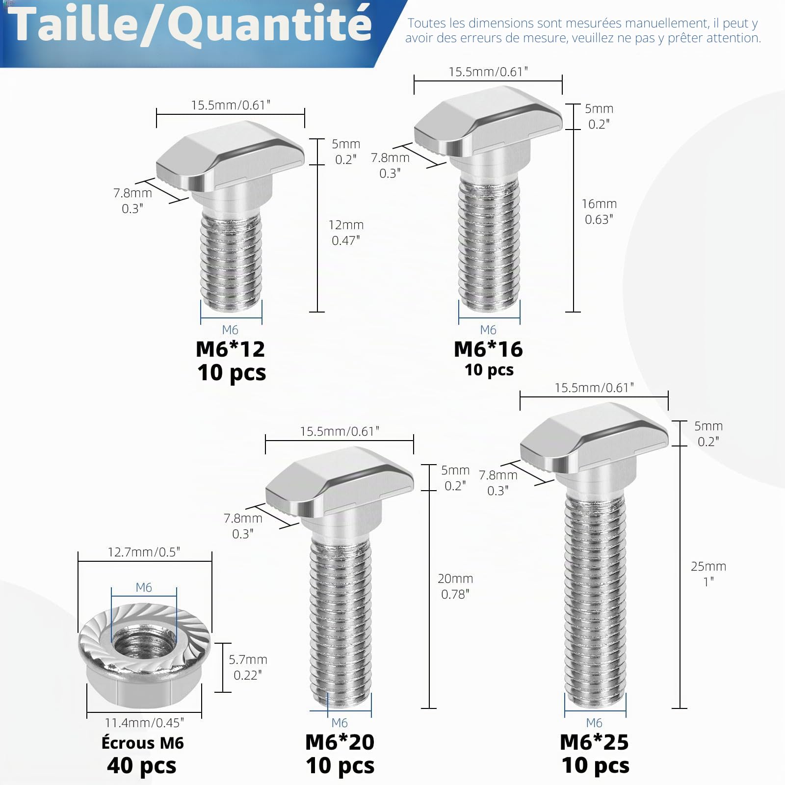 Glarks Lot de 80 boulons M6 en T avec écrou à bride hexagonale, 12/16/20/25 mm, boulon en T à tête de marteau, vis coulissantes en forme de T, goujon à vis en T pour profil en aluminium série 30