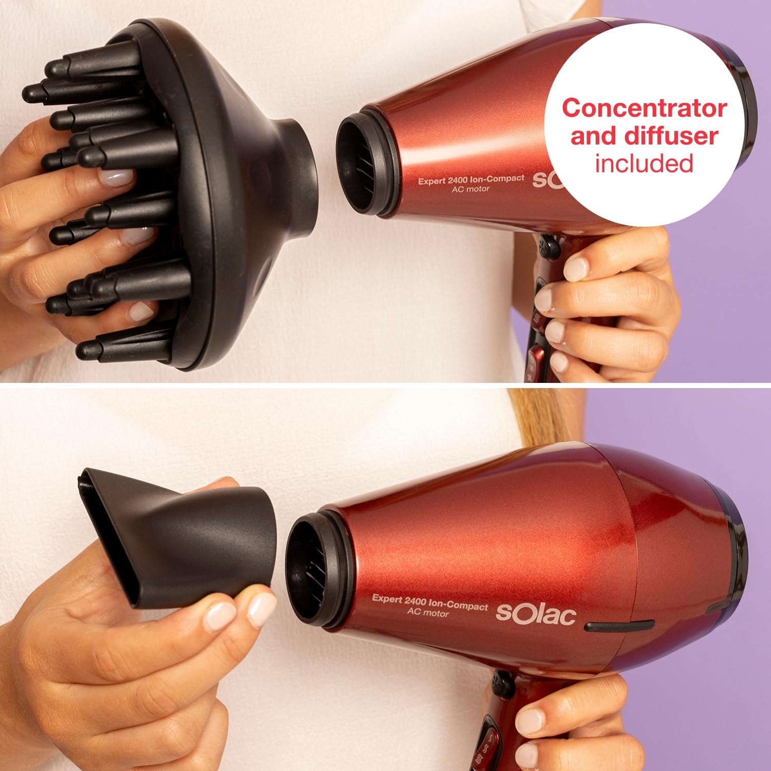 Solac – Professioneller Haartrockner Expert 2400 Ion-Compact, 2400W, 6 Temperatur- und Geschwindigkeitsstufen, Ion-Power, Kaltlufttaste, ultrakompaktes Design, Zubehör: Konzentrator + Diffusor, Rot