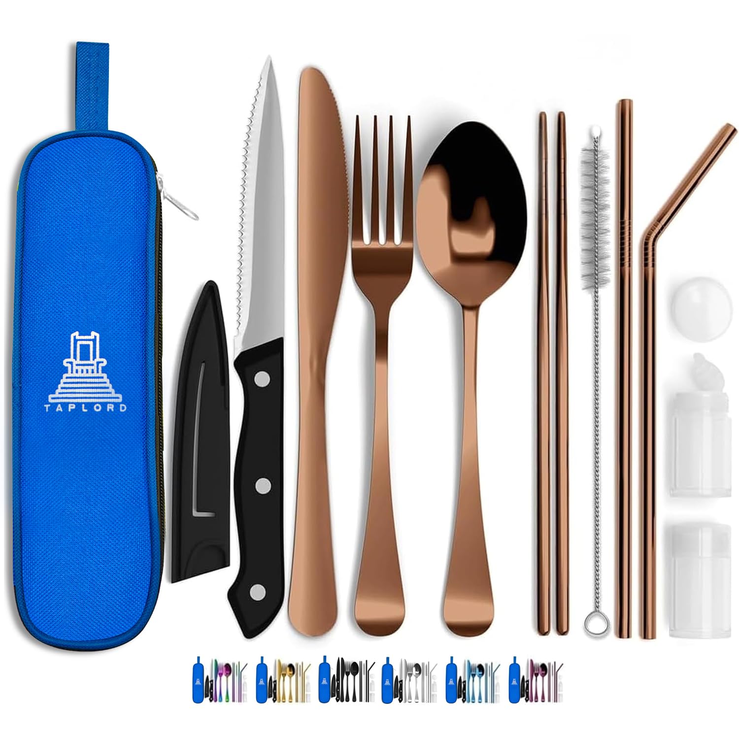 Travel Utensils With Case, 10 Pcs portable silverware set (Rose Gold)