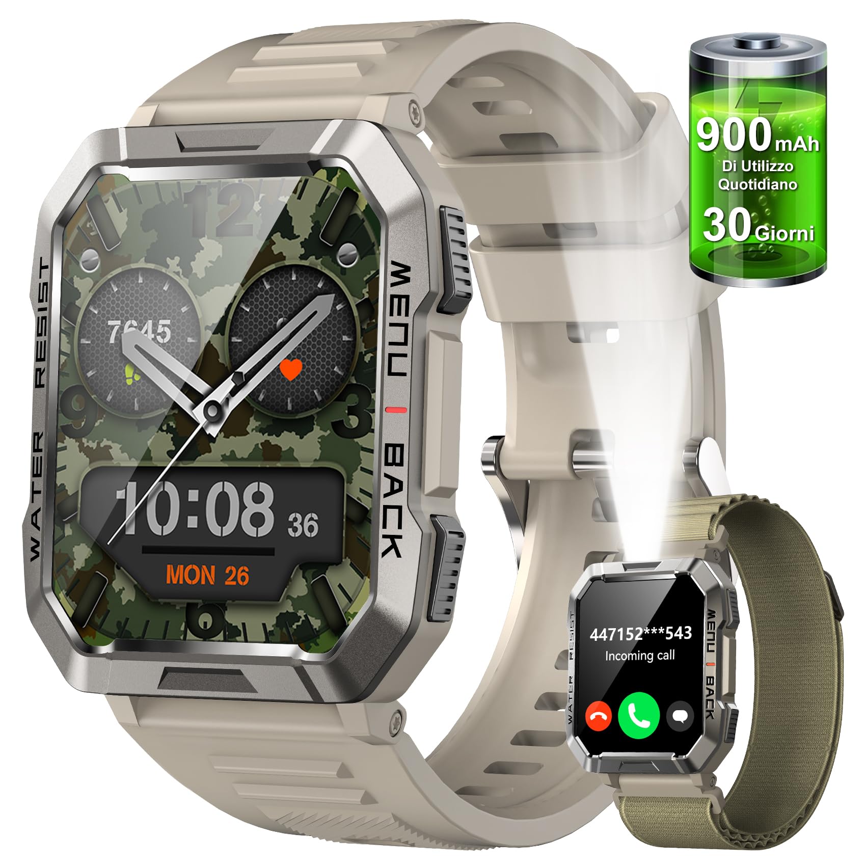Militare SmartWatch Uomo(Rispondi/Effettua Chiamate), Fitness Tracker con Torcia/Bussola/900mAh Batteria /24H Cardiofrequenzimetro/Sonno/ SpO2/100+ Modalità Sport per Android IOS (2 Cinturini)