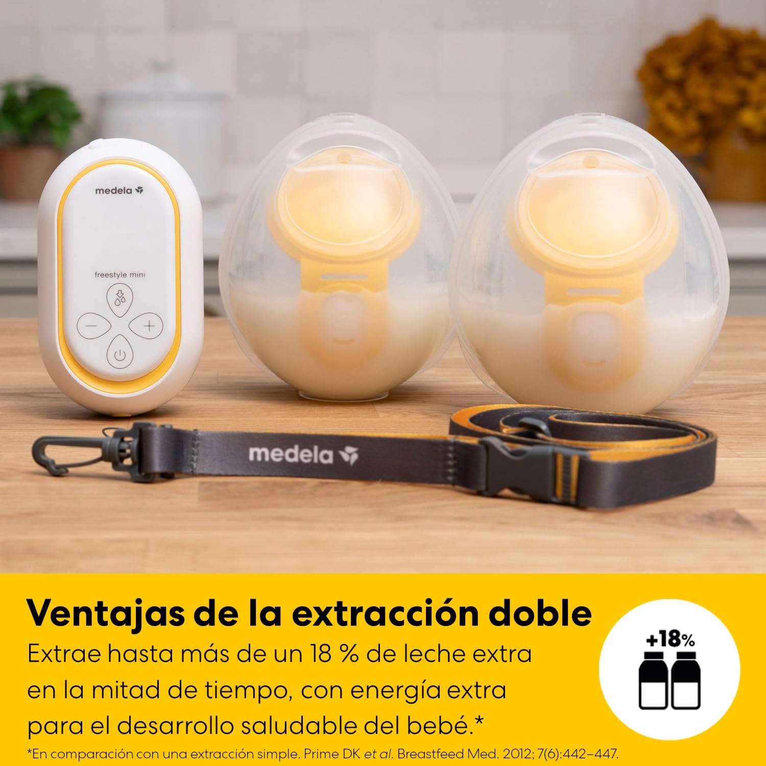 Medela Freestyle Mini Hands-Free eléctrico doble con copas de recogida Hands-Free y batería recargable de Medela.