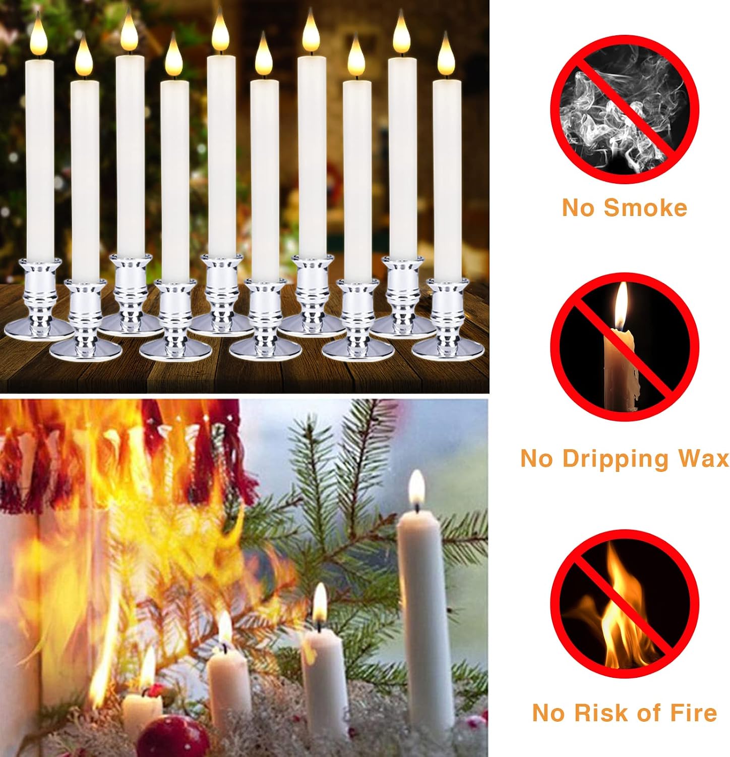 LED Flameless Taper Candles with Remote Timer Battery Operated Flickering Window Candle Lights with Removable Silver Candle Holders Best Gift for Xmas Wedding Home Dinner Decor Set of 10