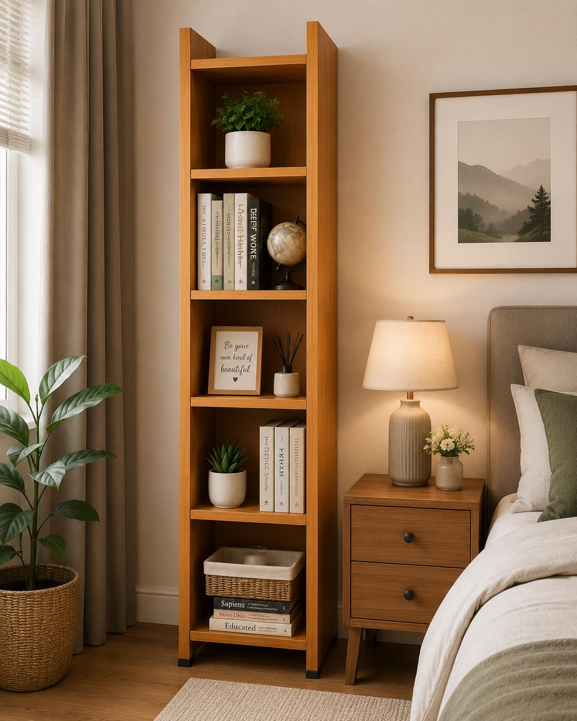 DIY 66" Tall 5-Tier Wooden Bookshelf Bookcase, Narrow Storage Organizer & Display Rack for Books, Plants and Décor, Space Saving Shelf for Living Room, Bedroom & Office, Walnut Finish (Wooden Brown)-image-10