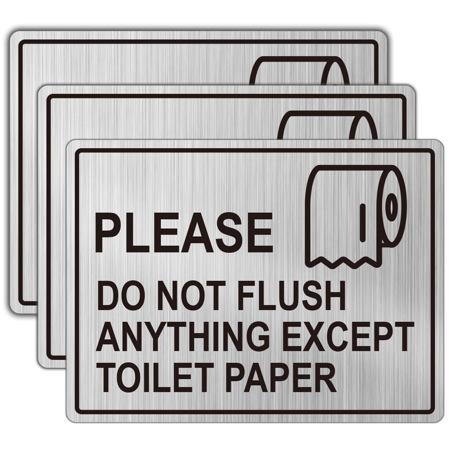 Do Not Flush Sign for Bathroom, Do Not Flush Anything Except Toilet Paper Sign Stickers, Non Metal 3 Pack 6×4.5 inch Brushed Metal Effect Durable