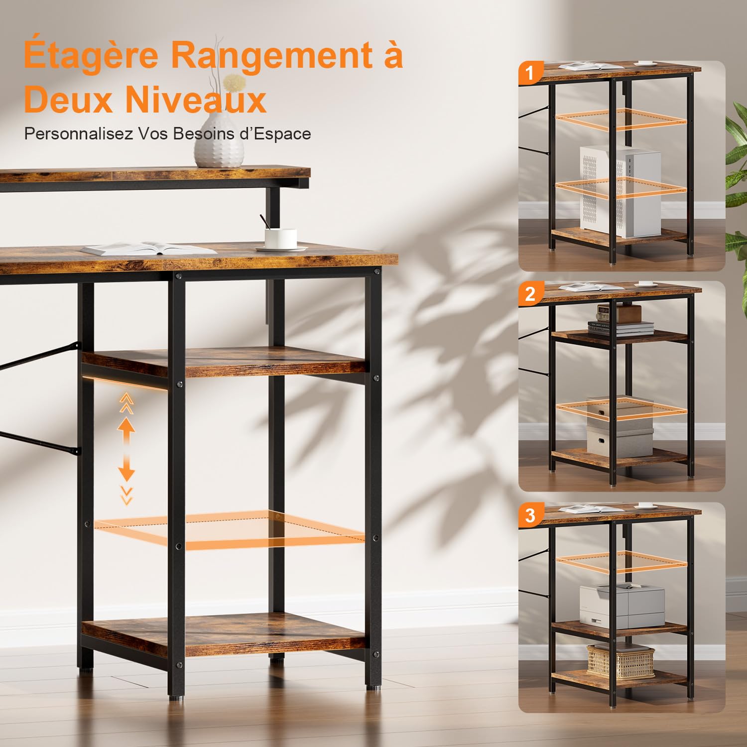 SOLAVERO Petit Bureau Informatique avec Rangement, 100 x 48 cm, Marron