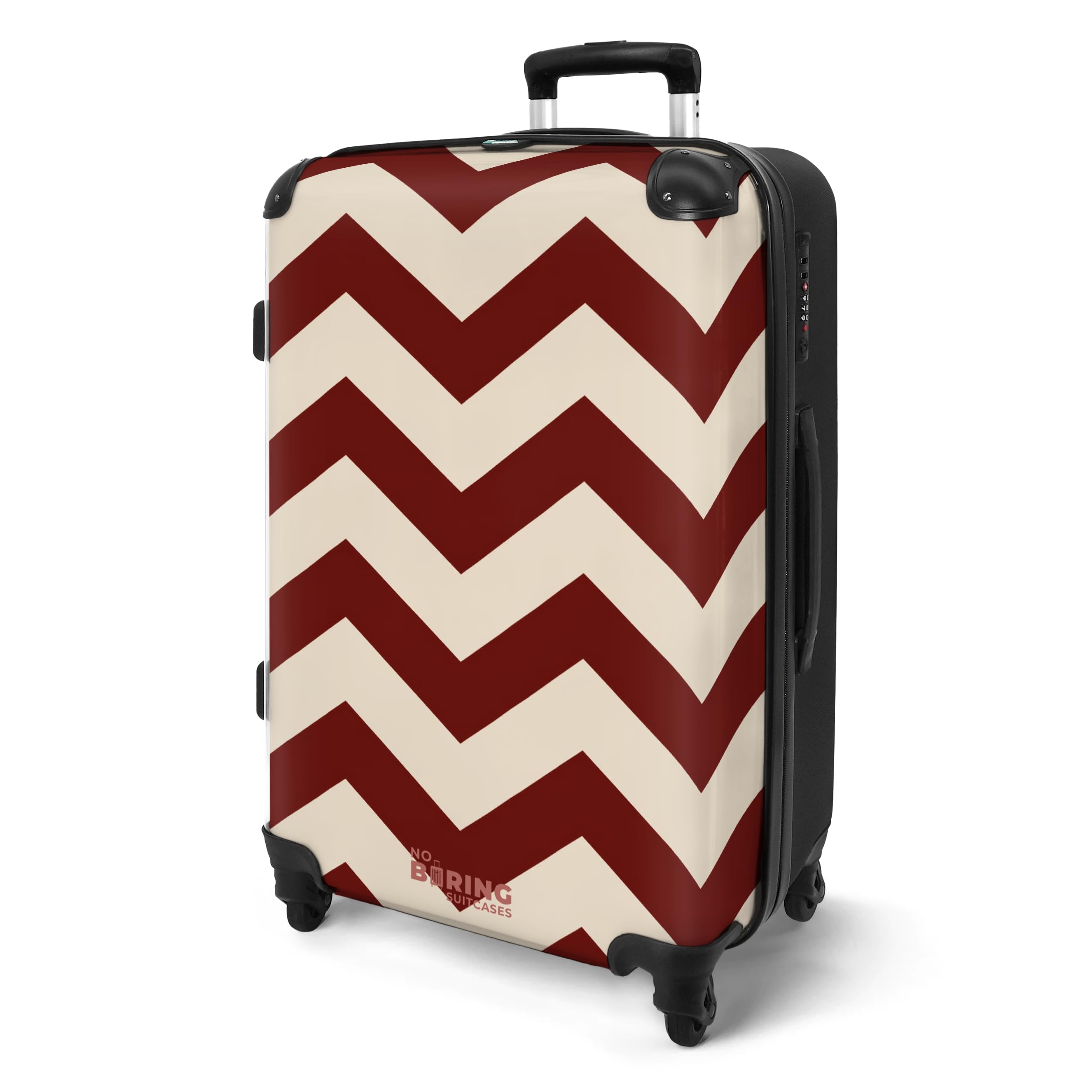 NoBoringSuitcases.com® Koffer Mittelgroß 67x43x25 cm Hartschalenkoffer Trolley Rollkoffer 4 Rollen Leicht Hartschale Größe M Muster - Zickzack - Rot - Beige