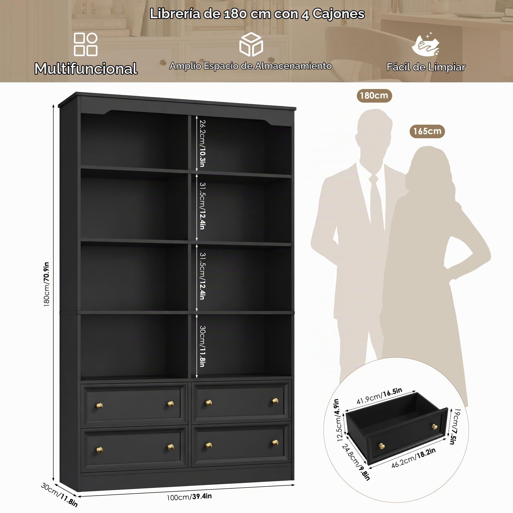 FirFurd 180cm Estantería con 4 Cajones, Estantería Libros, Librería Salon | Libreria Madera con 8 Compartimentos, Mueble Almacenaje para Oficina, Salón, Estudio, Grande y Alta, Negro, 100x30x180cm