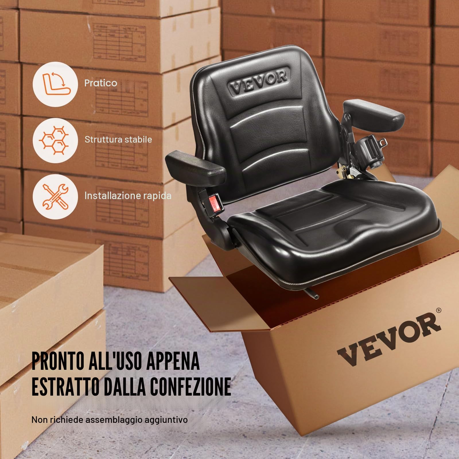 VEVOR Sedile Universale per Carrello Elevatore Sedile Pieghevole per Trattore Coprisedile con Schienale ad Angolo Regolabile Microinterruttore Cintura di Sicurezza Braccioli Fessura Esteso 160-340mm