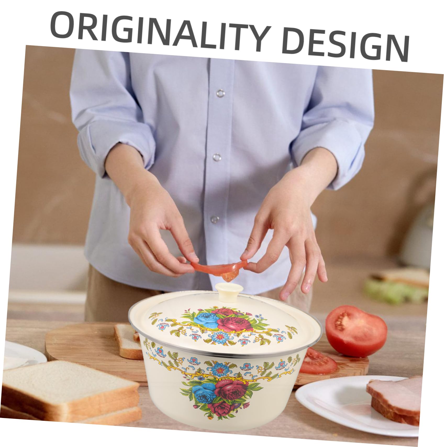 Angoily Groß Email Bowl Emailware Suppenschüssel: Emaille Mischschüssel mit Deckel e Dekorative Camping Lebensmittelzubereitung Öl Lagerung CAN 26 Cm