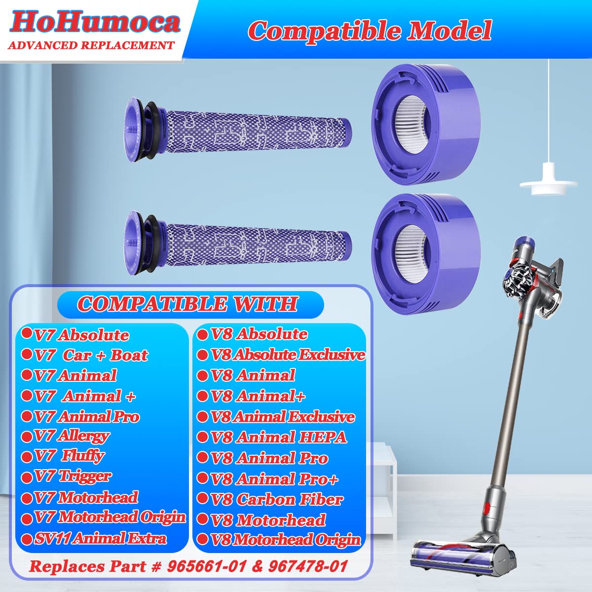HoHumoca Dy-son V7 V8 serisi elektrikli süpürge için yıkanabilir yedek filtre, yedek ön filtre posta motor filtresi Dy-son V7 V8 Hayvan Mutlak Motorhead, DY#965661-01, DY#967478-01 ile uyumlu