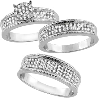 Sterling Silver Micro Pave Cubic Zirconia Trio Wedding Ring Set for 7 mm Him & Hers 5 mm, L 5-10 & M 8-14
