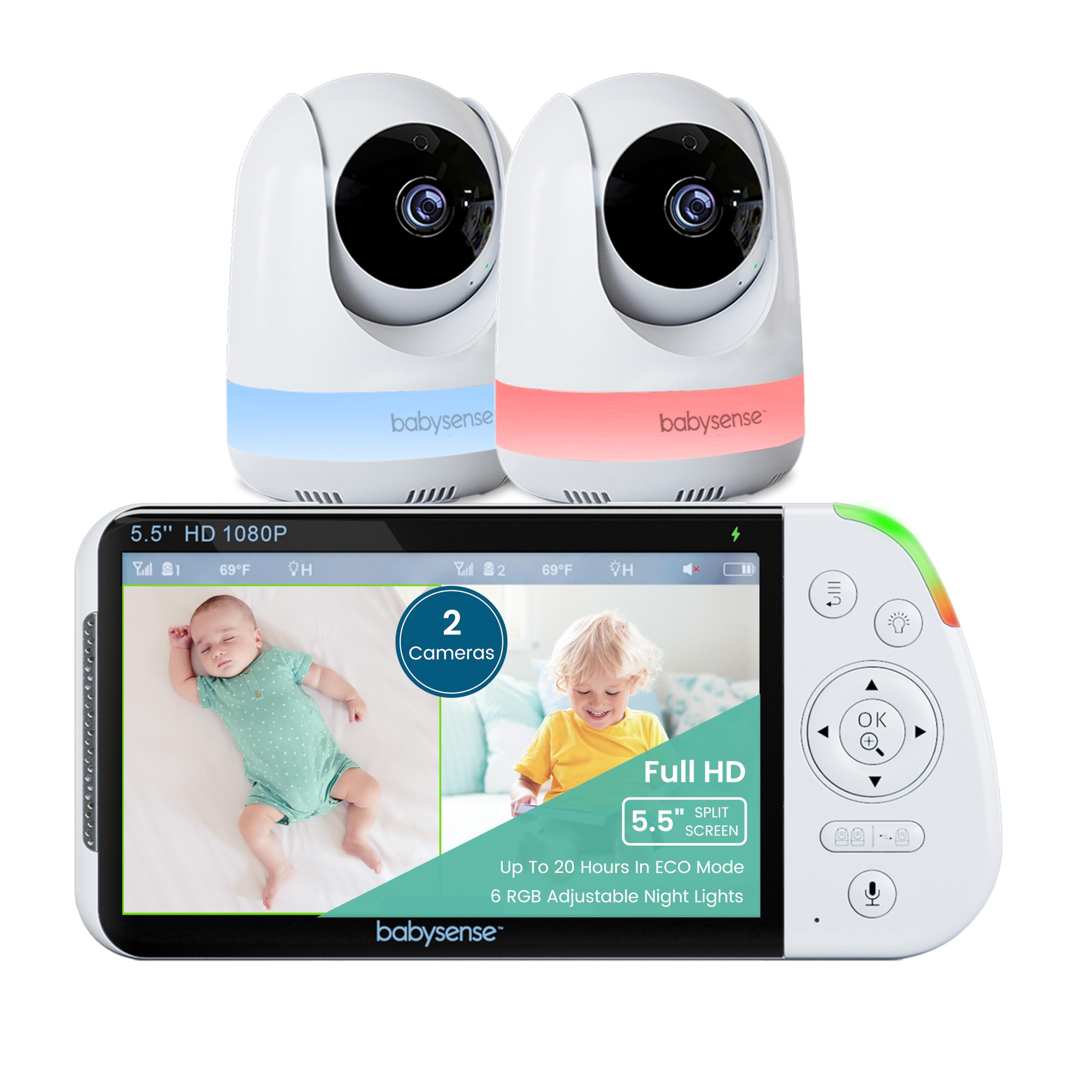 Babysense 5.5” 1080p Full HD Split-Screen Baby Monitor, Video Baby Monitor with Camera and Audio, Two PTZ Cameras, RGB Night Light, 300m Range, Two-Way Audio, 4x Zoom, 5000mAh BatteryBabysense 5.5” 1080p Full HD Split-Screen Baby Mon…