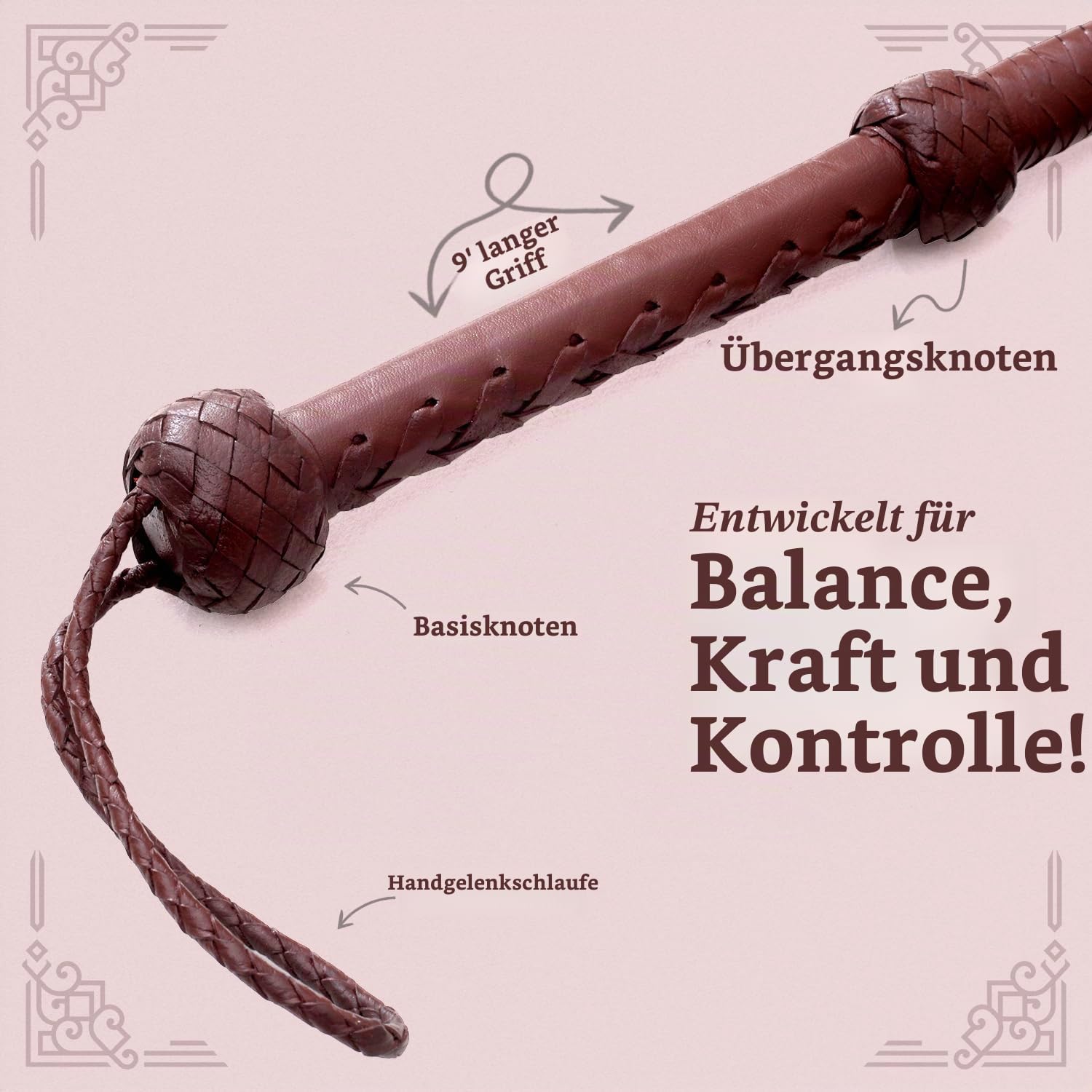 Echte Rindsleder Leder Bullwhip, 08 Fuß lang und 08 Stränge flechten Indiana Jones Stil Bullenpeitsche, Dunkelbraun